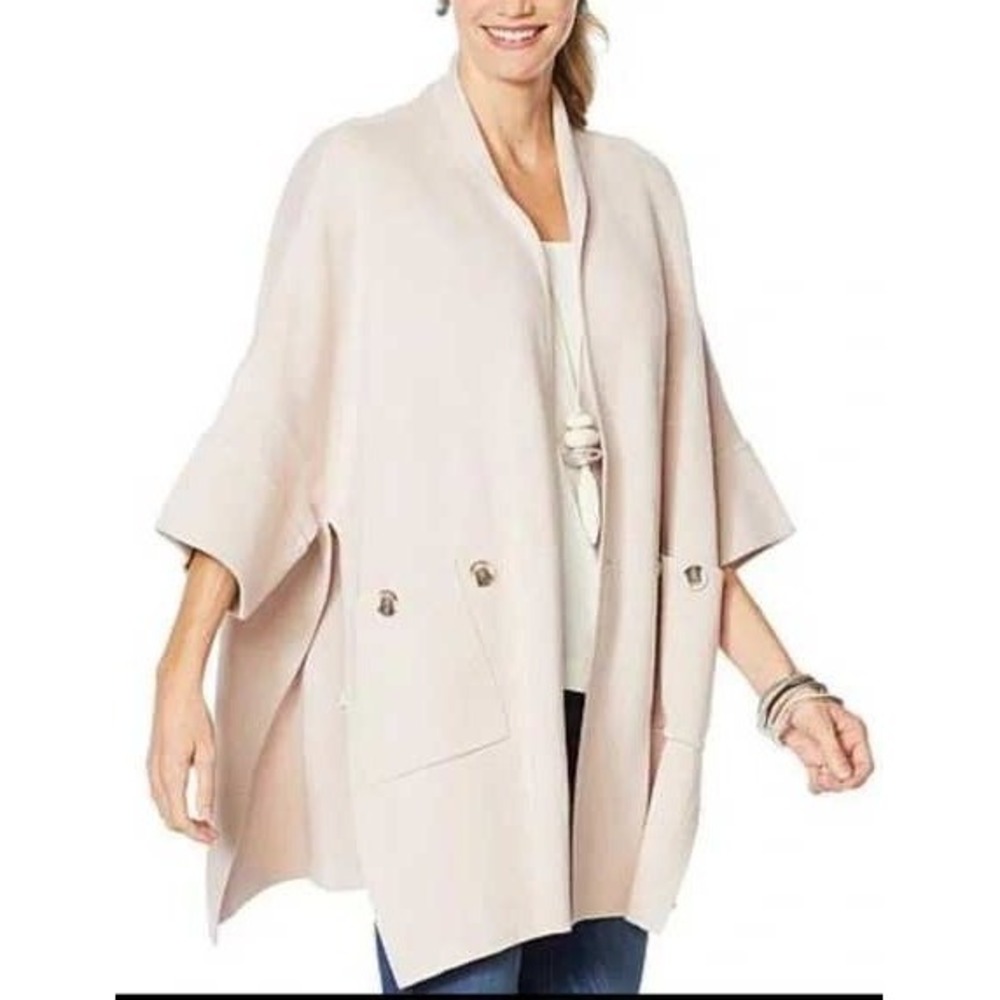 MarlaWynne Womens Small Beige Knit Open Front‎ Drape Pockets Kimono Oversized